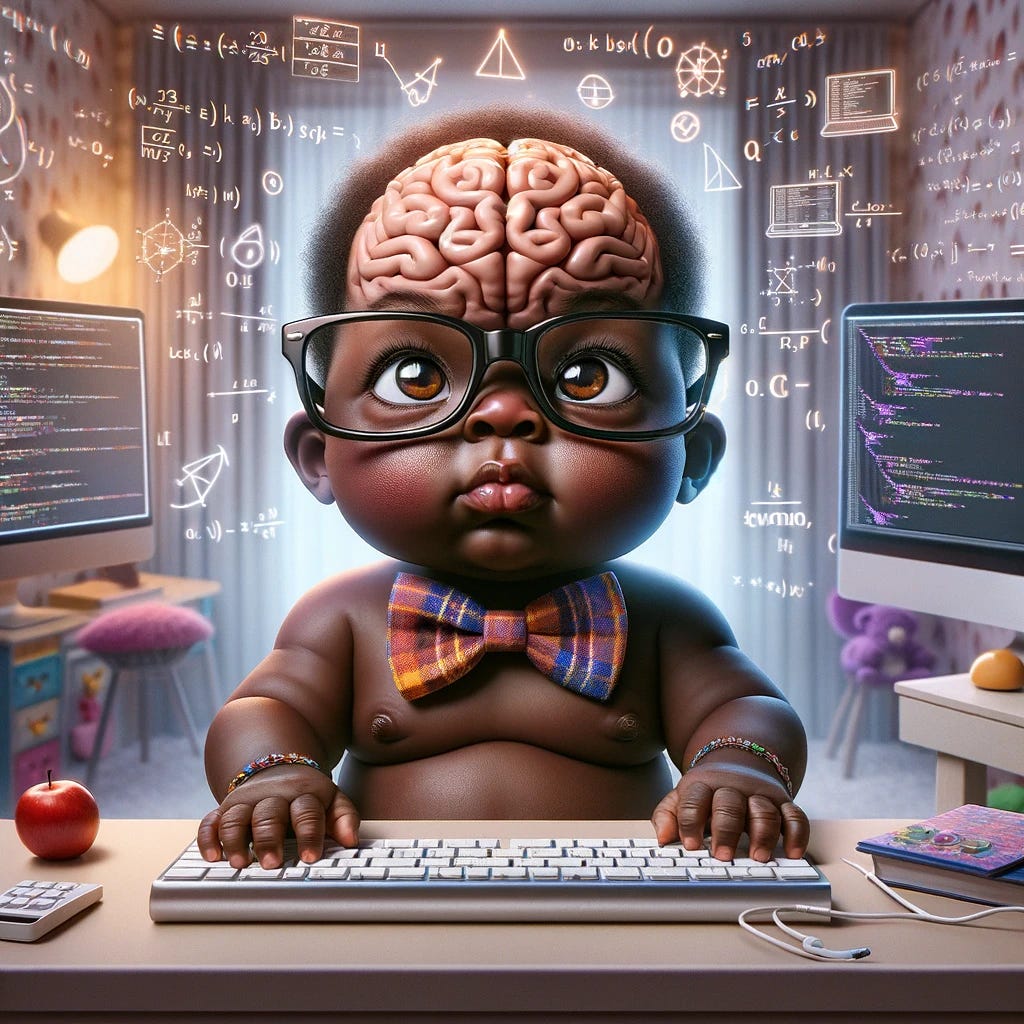 An imaginative and whimsical image of a baby nerd, of Nigerian Black ethnicity, deeply engaged in hacking on a computer. The baby has an exaggeratedly large brain, symbolizing high intelligence, and is wearing classic nerd attire like oversized glasses and a colorful bow tie. The elaborate computer setup includes multiple screens displaying complex code and data visualizations. The baby's facial expression shows intense concentration and curiosity. Surround the baby with floating mathematical symbols and digital icons, emphasizing the theme of hacking. The environment is a cozy, child-friendly room with soft lighting and cheerful decor, contrasting the advanced technology. The overall tone is light-hearted and fun, showcasing the baby's prodigious hacking skills in a charming and humorous way.