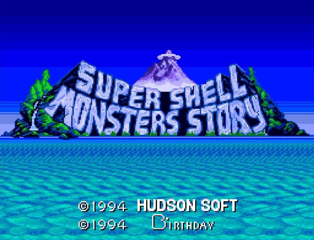 A screenshot of the translated title screen for Daikaijū Monogatari, otherwise known as (and written here) Super Shell Monsters Story, in the form of a rock formation on an island's mountain.