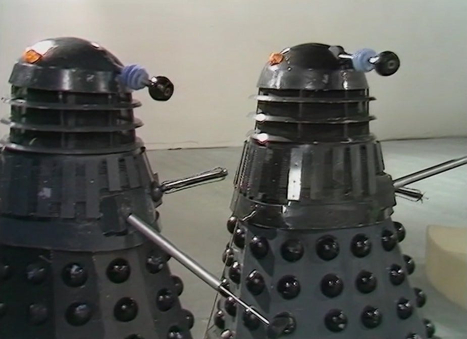 A shot of two Daleks on Blue Peter in 1973