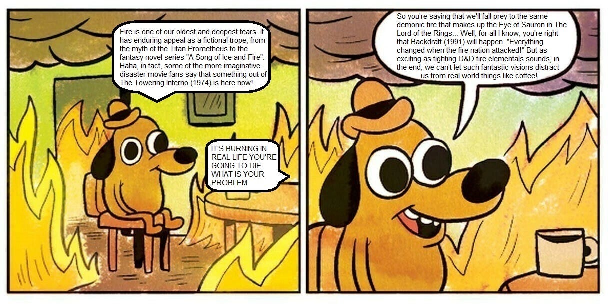 Meme where the "this is fine" dog talks about how fire is a metaphor while his house is on fire.