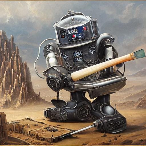 AI-generated image of something resembling a giant robot holding a giant paintbrush in a desert