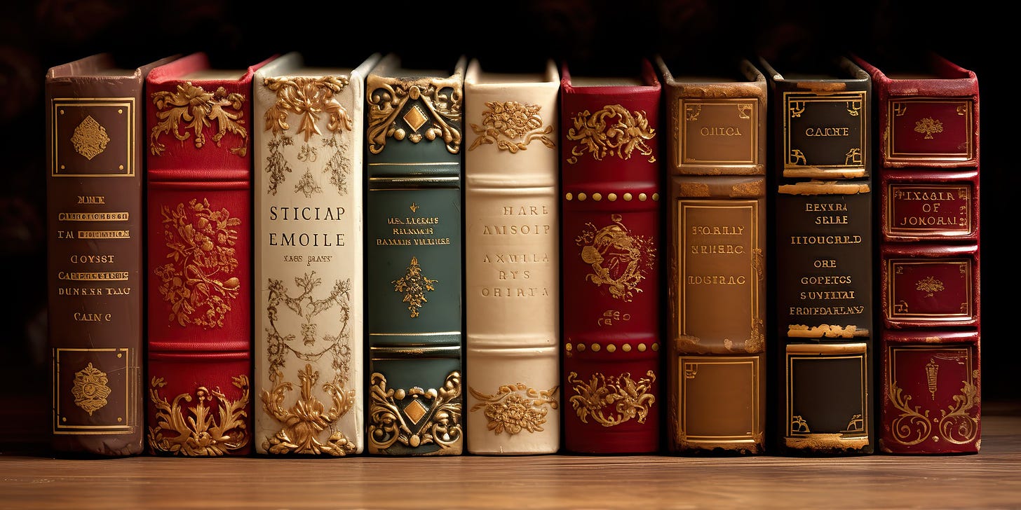 Ornate books on a shelf.