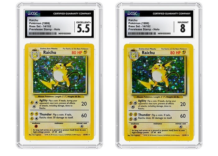 Two Prerelease Raichu cards were graded 5.5 and 8 by CGC