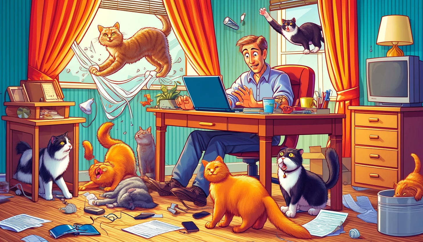 A humorous and vibrant home office scene featuring a person trying to work while multiple cats create chaos. One cat lounges on a laptop keyboard, another dangles from a curtain, a third cat is playfully knocking a coffee cup off a desk. The person, a middle-aged Caucasian male, looks amused and slightly exasperated. The setting includes a desk cluttered with papers and office supplies, a window with curtains, and a bookshelf. The style is colorful and cartoonish, suitable for a light-hearted blog article.