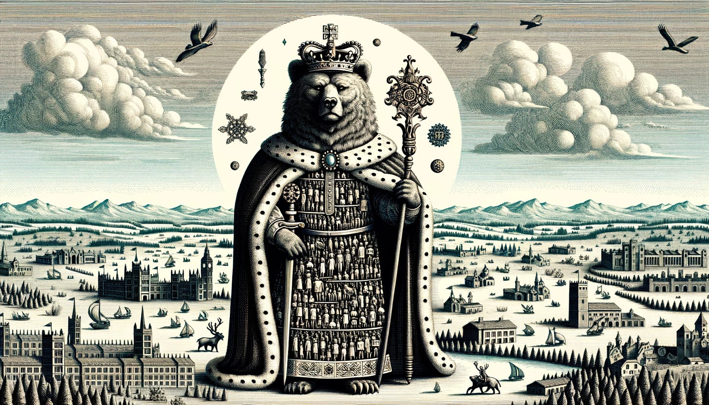A detailed and classic image inspired by the cover of 'Leviathan' by Thomas Hobbes. Instead of a king, there is a regal bear wearing a crown and holding a sword and a scepter. The bear is composed of numerous tiny people, representing a body politic. The background features a panoramic view of a cityscape with a countryside, and the bear stands tall and dominant over the land. The style is reminiscent of an old, intricate etching with fine lines and shading. Aspect ratio 5:3.
