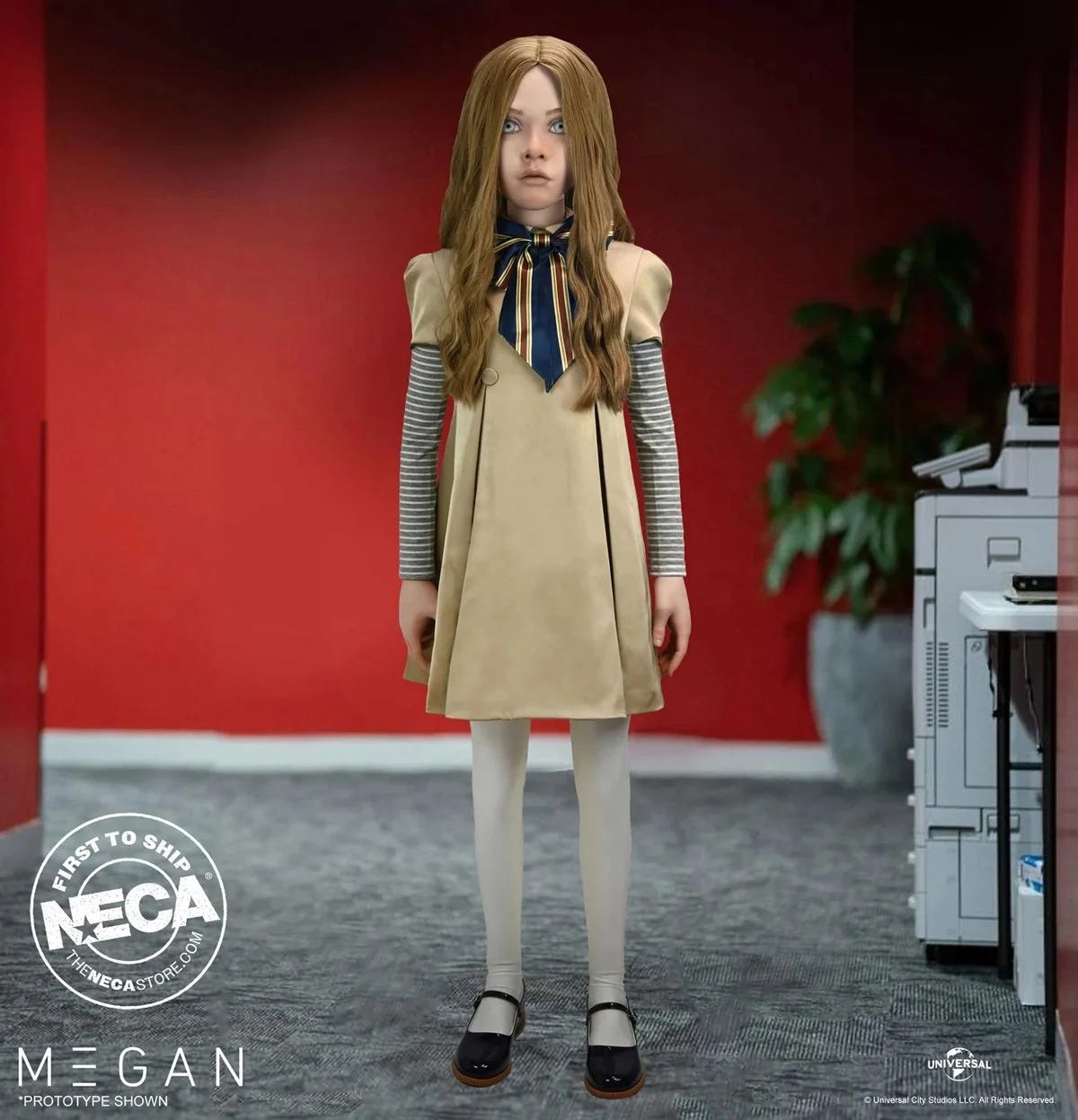 NECA's M3GAN life size doll in an office setting