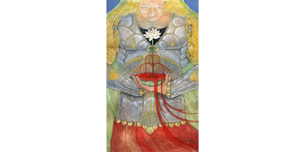 The Knight of Cups tarot card from the Mary-El tarot deck. Description follows in text.