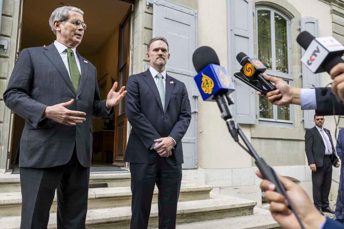 U.S. Secretary of the Treasury Scott Bessent, left, and U.S. Trade Representative Jamieson Greer speak to the press after the second day of a bilateral meeting between the United States and China, in Geneva, Switzerland, on Sunday, May 11, 2025.