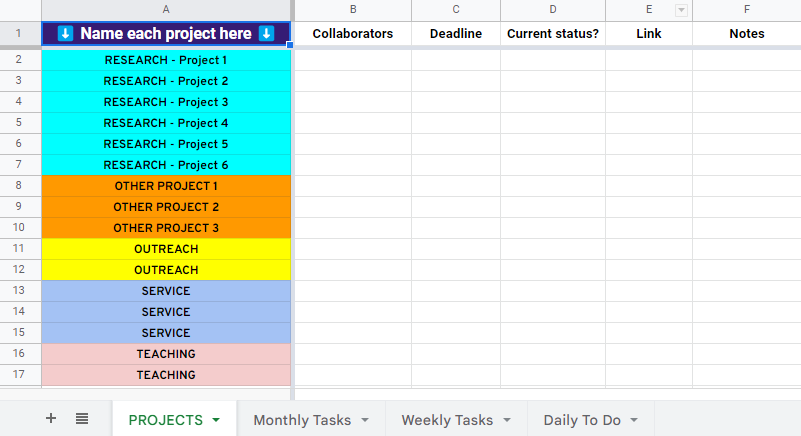 spreadsheet for project planning