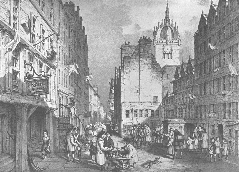 A lithograph of a street scene in 18th-century Edinburgh. Tall buildings rise at each side of the image and there is a clock tower ahead. At street level, about 20-30 people are going about their day - some trading with each other, some walking along. A little dog leaps in the foreground.