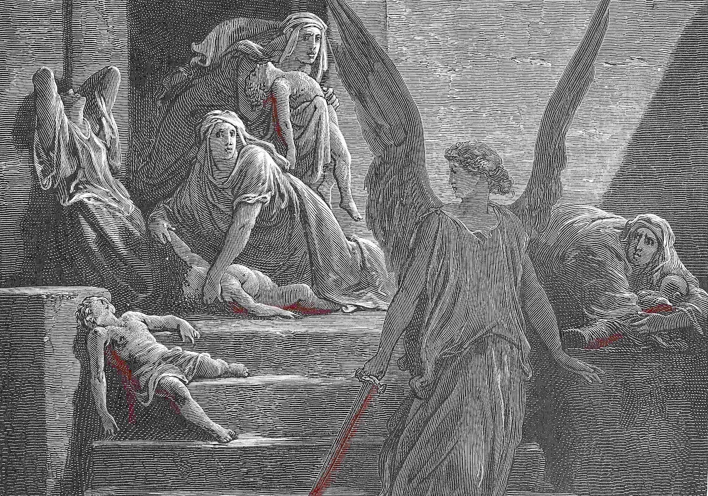 "At midnight the Lord struck down all the firstborn in the land of Egypt, from the firstborn of Pharaoh who sat on his throne to the firstborn of the prisoner who was in the dungeon..." Exodus 12:29-30. This is a portion of Gustave Doré's engraving "The Firstborn of Egypt are Slain." Color added for emphasis. Public domain. 