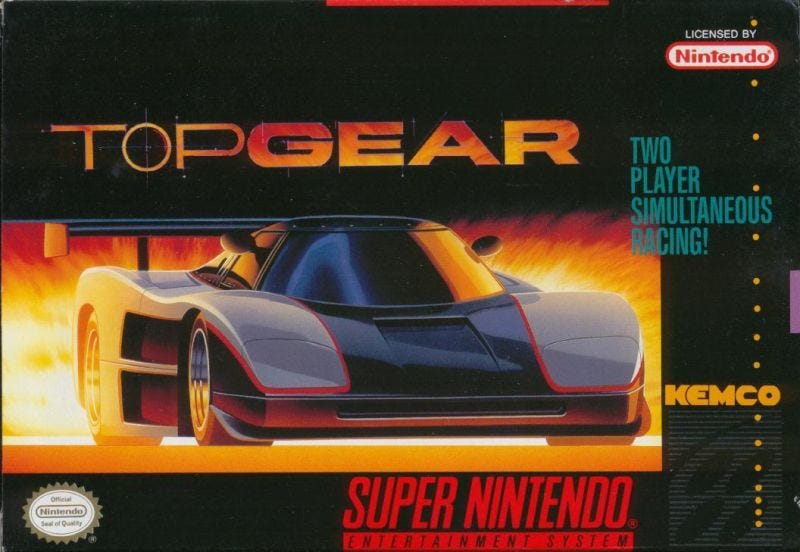 A scan of the box art for Top Gear, which features a single car with the game's logo above it. There appear to be flames shooting out of the back of the car, but that's just there to look cool and really overstate the effect of the nitro boost in-game.