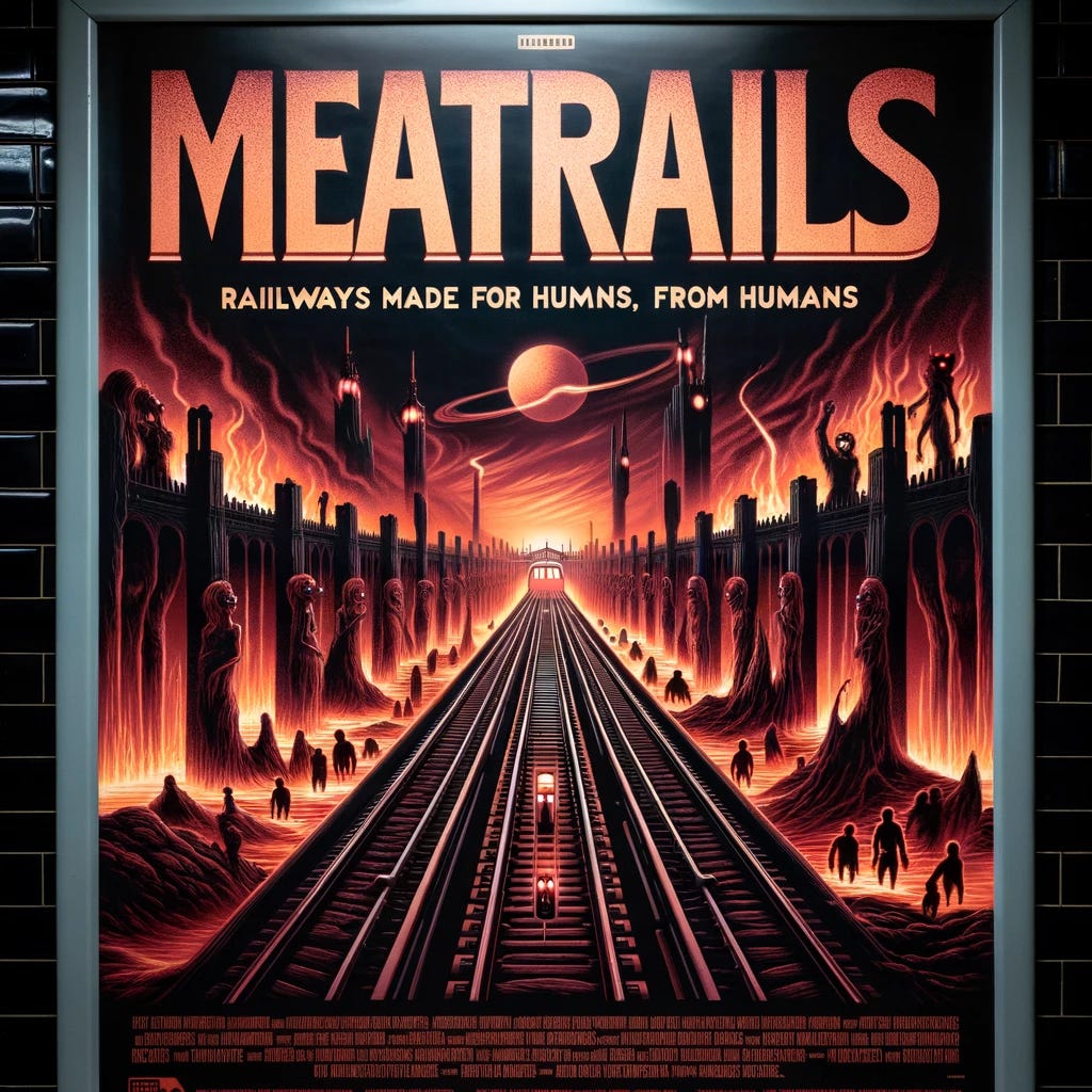 A poster for a fictional metro line in Hell, titled 'Meatrails: Railways made for humans, from humans'. The poster features a dark, infernal aesthetic with a sinister and ominous tone. It includes imagery of a hellish metro line, with trains and tracks artistically depicted to suggest they are made from human elements. The background is a foreboding landscape of fire, brimstone, and shadowy figures. The title 'Meatrails' is prominently displayed in a striking, eerie font, capturing the macabre and twisted nature of this underworld transportation system.