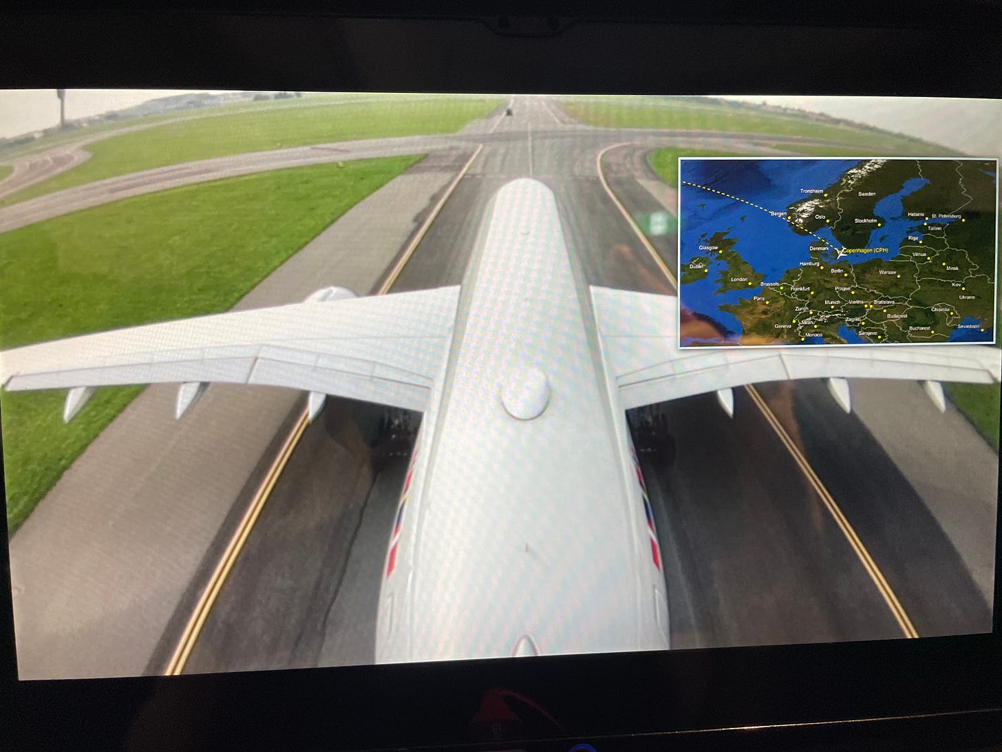 Tail camera view as SAS A350 taxis for take-off at CPH.