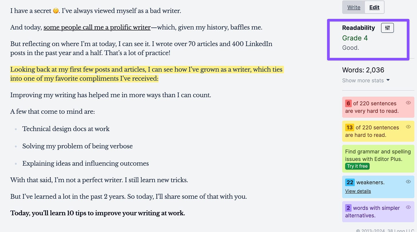 View of hemingway and the 4 readability score