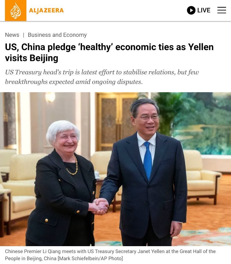 Aljazeera article of Yellen visiting Beijing in an attempt to mend economic relation with China