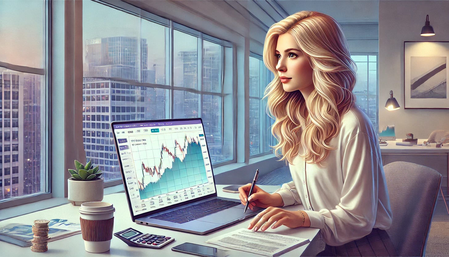 A realistic digital painting of a beautiful blonde woman sitting at a desk, researching stocks on her laptop. The view is rotated so that the front of her laptop screen is visible, displaying a detailed stock chart with financial data. She has a focused expression, and the setting is modern and well-lit. A cup of coffee and a notepad are beside her. The background includes a window with a cityscape view, suggesting an urban environment. The image is rectangular and visually appealing.