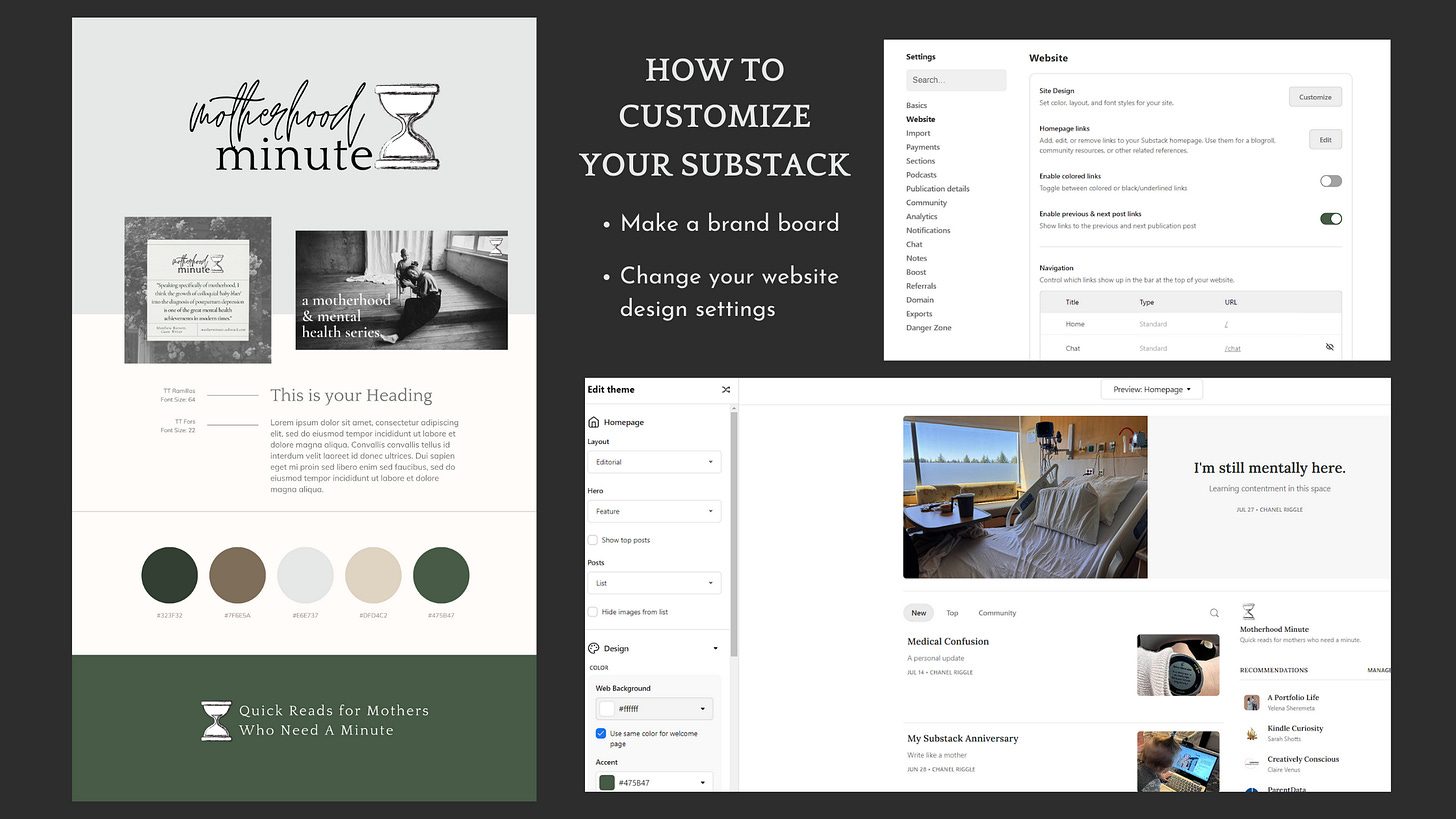 Collage image showing the Motherhood Minute branding board, a screen shot of Substack's editor space, and a screen shot of Substack's setting options. Header text say "How to customize your substack" with sub text saying "Make a brand board" and "Change your website settings."