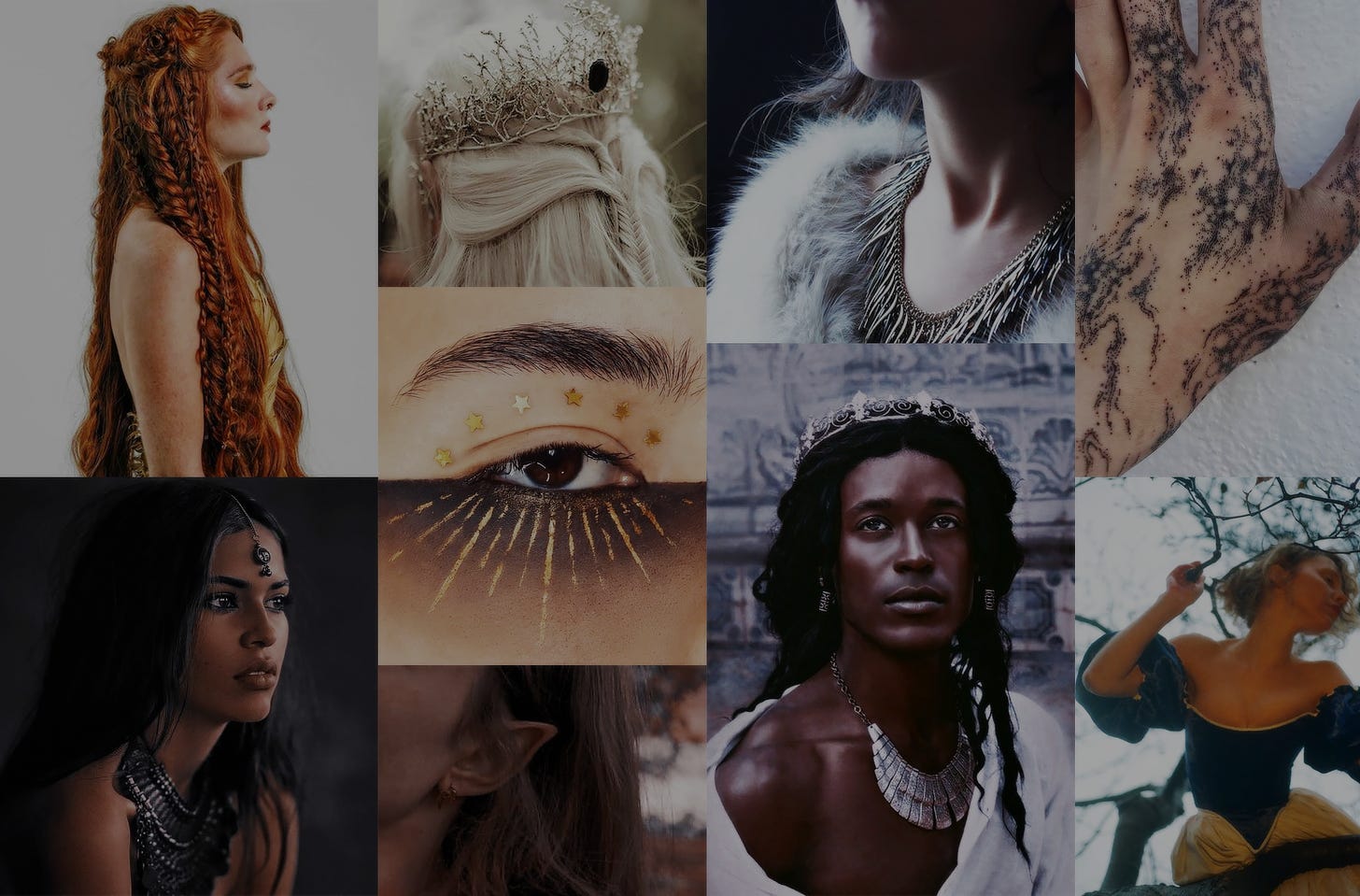 A moodboard with pictures of various human faces in fantasy style
