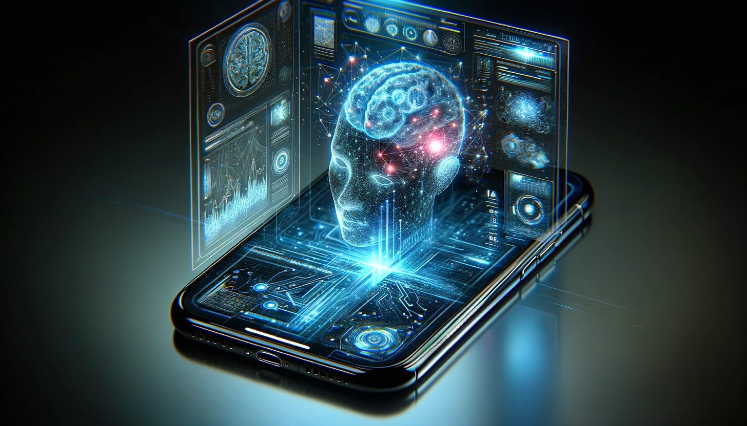 A wide aspect ratio image of an iPhone being taken over by an AI. The iPhone's screen is filled with a digital interface, showing complex algorithms, neural networks, and holographic projections. The AI elements are glowing and pulsing, with a futuristic, high-tech look. The background is slightly dark to emphasize the luminous display, and some abstract digital patterns are extending out from the phone, blending into the environment around it.