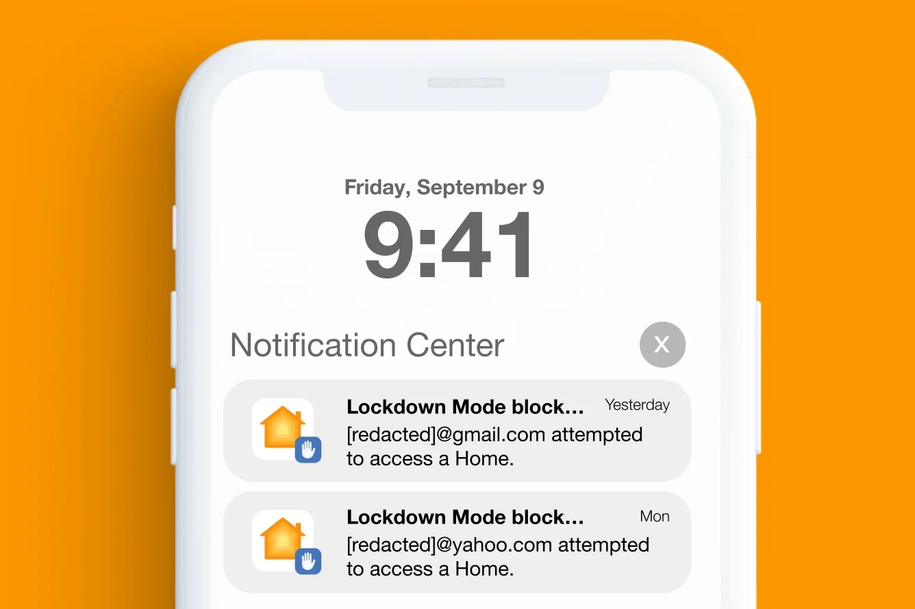On a device with lockdown mode enabled, the user’s iPhone blocks an attempted HomeKit invitation.