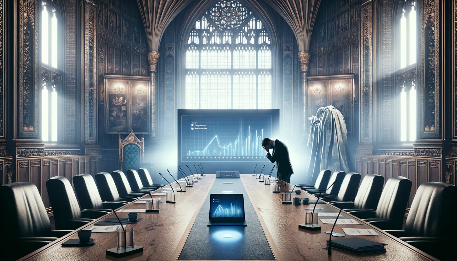 A dramatic and partially Westminster-inspired boardroom scene, clearly showing the presenter giving a presentation, with a strong focus on his shame. The presenter stands in front of a screen displaying data graphs, embodying a sense of deep embarrassment. The boardroom combines modern elements with hints of Westminster's grandeur, such as intricate woodwork and elegant decor. The ethereal and dramatic atmosphere is enhanced by a soft, glowing light and a sense of surrealism, balancing the focus between the presenter's shame and the context of his presentation.