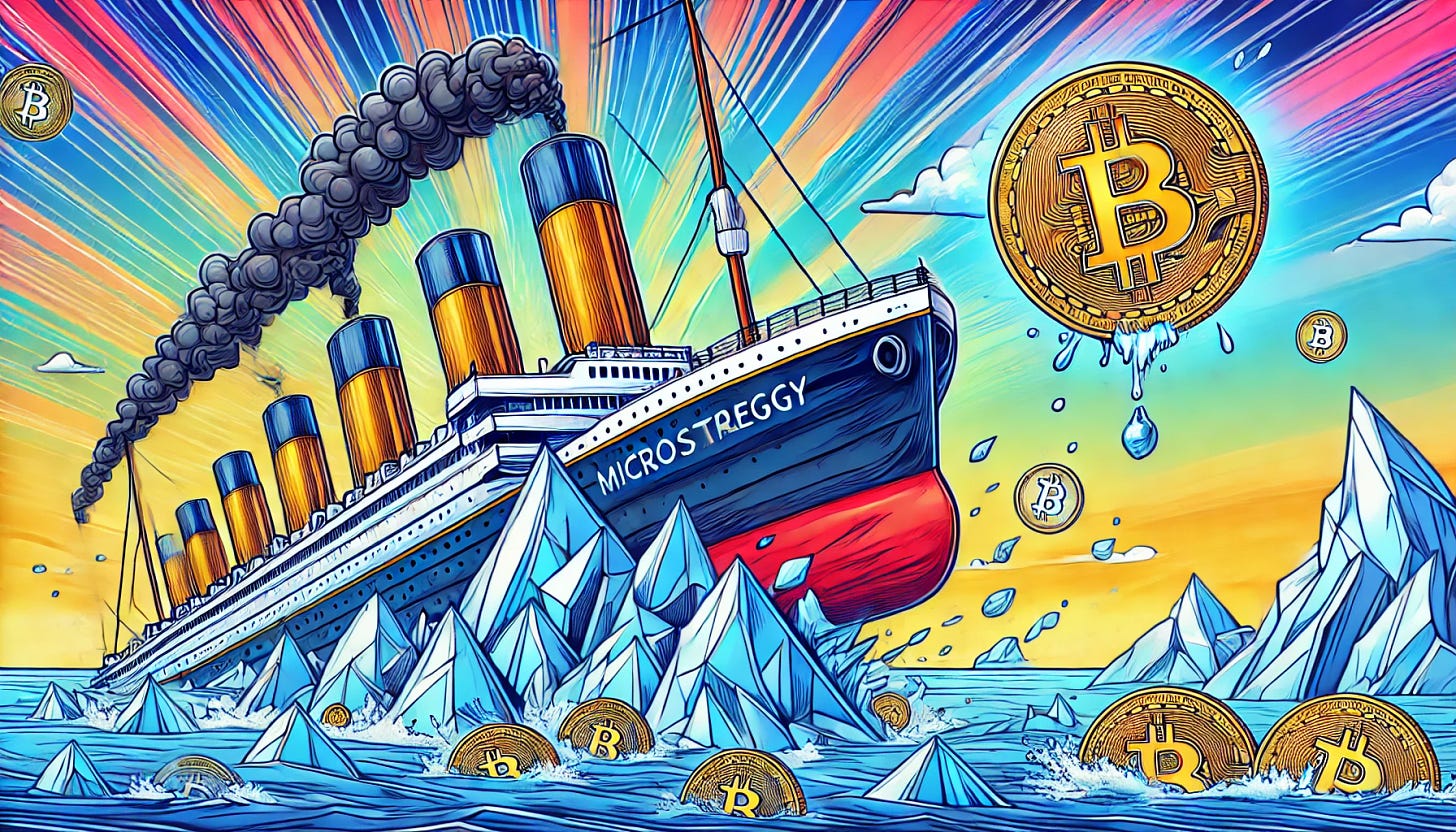 Create a vibrant, pop-art style illustration depicting MicroStrategy as the 'Titanic of Bitcoin'. The image should show a metaphorical scene combining elements of the Titanic ship with symbols of Bitcoin. There should be a sense of drama, with Bitcoin symbols hitting an iceberg, hinting at a financial disaster. Use a dynamic color palette typical of pop-art, incorporating bright blues, reds, and yellows. The illustration should be highly detailed and engaging, and created in a rectangular horizontal format, with dimensions 1920x1080.