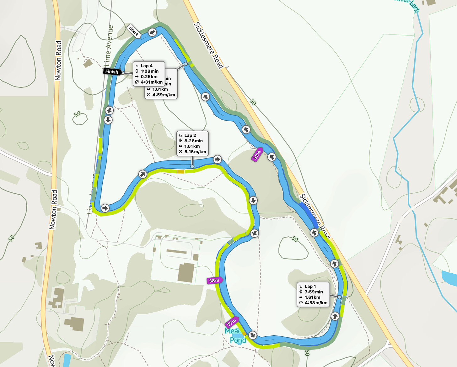 Route map for Bury St Edmunds parkrun; a backwards capital B facing left