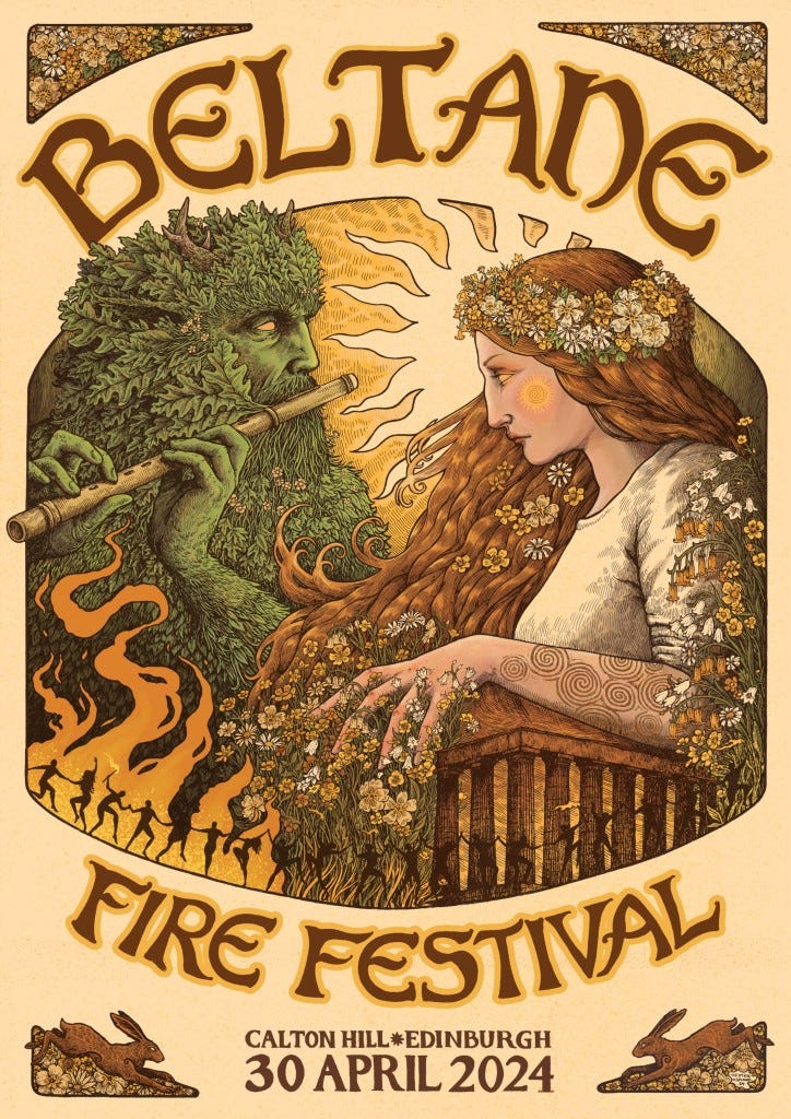 Beltane Fire Festival Calton Hill Edinburgh 30 April 2024. Poster in Art Nouveau style depicting pagan figures the Green Man and May Queen.