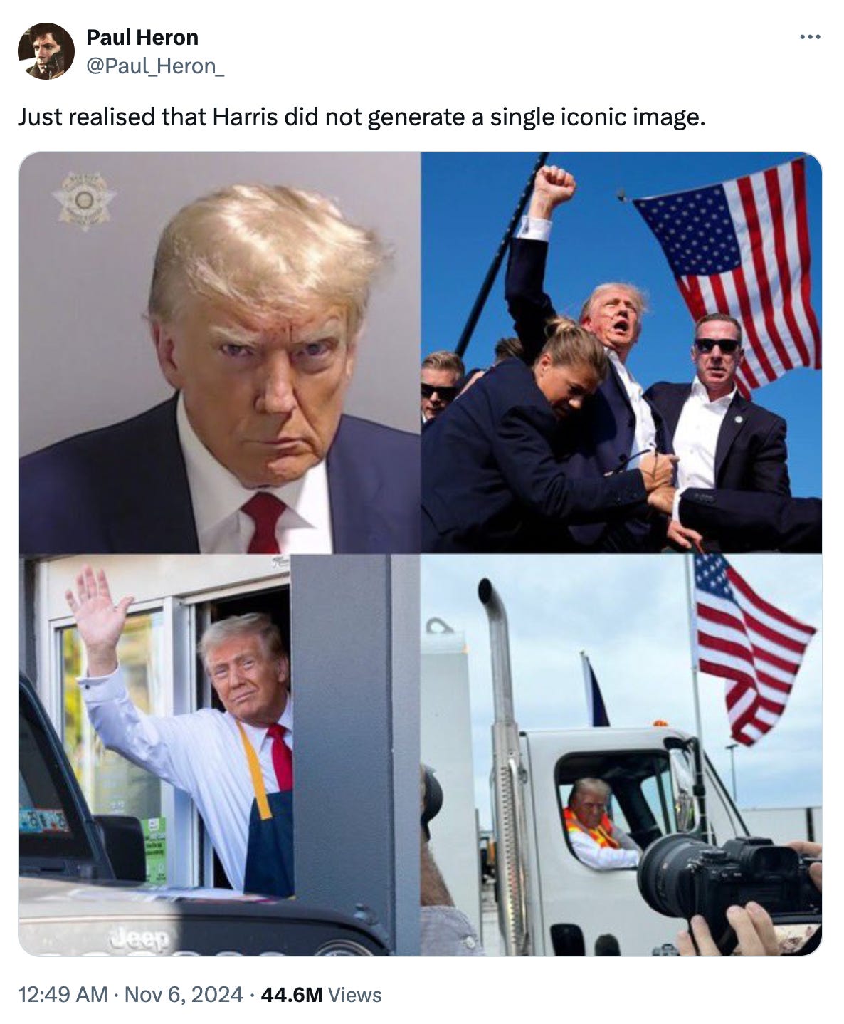 Tweet reading "Just realised that Harris did not generate a single iconic image.", with collage of Trump's mugshot, assassination fist pump, McDonald's photo, and garbage truck photo