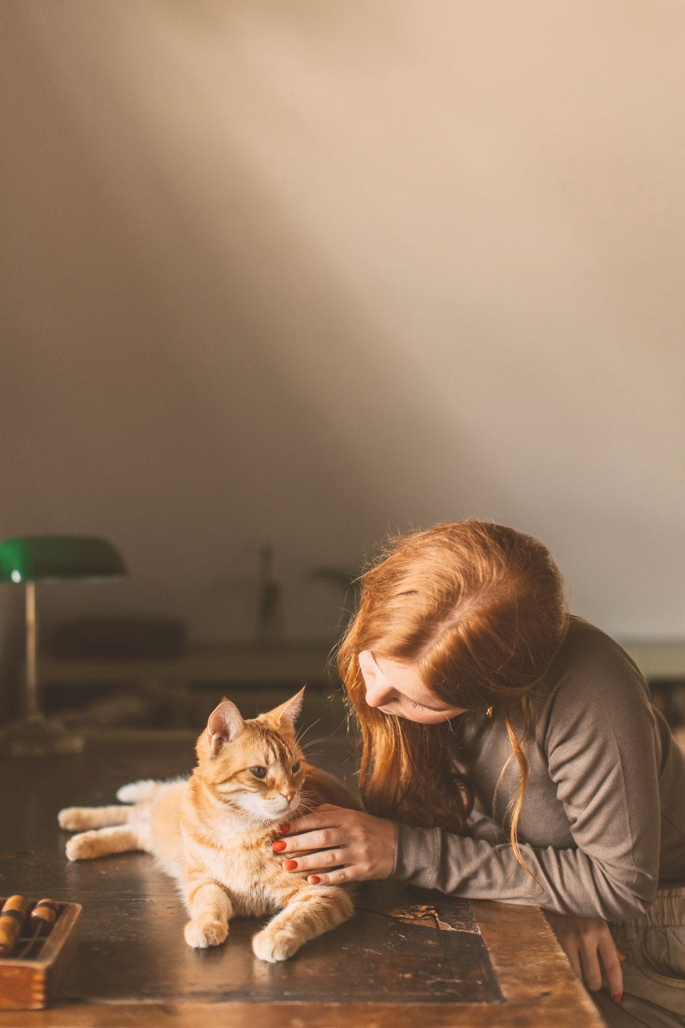 A woman is leaning towards an orange tabby, showing gentle affection towards him.