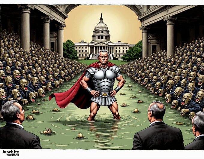 A striking political cartoon of RFK Jr. depicted as a powerful Roman warrior standing knee-deep in a murky green swamp, symbolizing Washington, D.C. He wears silver armor, a red cape flowing behind him, and a determined expression on his face. Surrounding him on both sides are hordes of grotesque, bald, soulless swamp creatures in dark suits, their mouths gaping open in horror and rage. In the background, the U.S. Capitol looms ominously, reinforcing the scene’s political weight. Elite politicians in suits watch RFK Jr. in the foreground, their backs turned to the viewer, as he boldly strides forward, undeterred by the corruption around him. The scene is intense, symbolic, and visually powerful, portraying RFK Jr. as an unwavering force against the establishment.

AI Political Cartoon By @huwhitememes 👈🏻 Follow for More 👀 