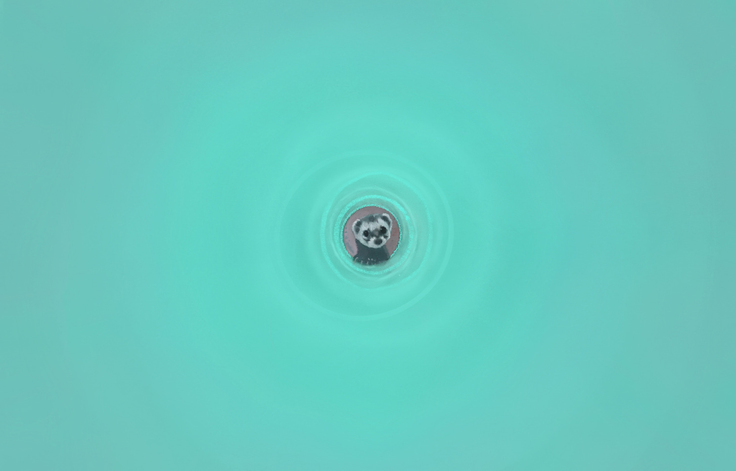 A colored pencil drawing of a tiny ferret seemingly viewed along the telescope-like length of a vast turquoise-green tunnel.