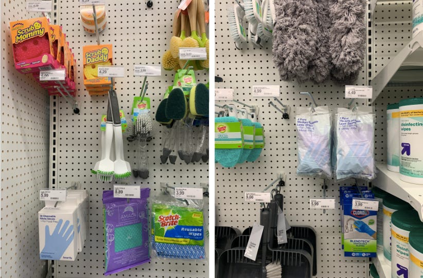 Two images of cleaning supplies at a Target store, featuring sponges, scrubbers, gloves, and disinfecting wipes.