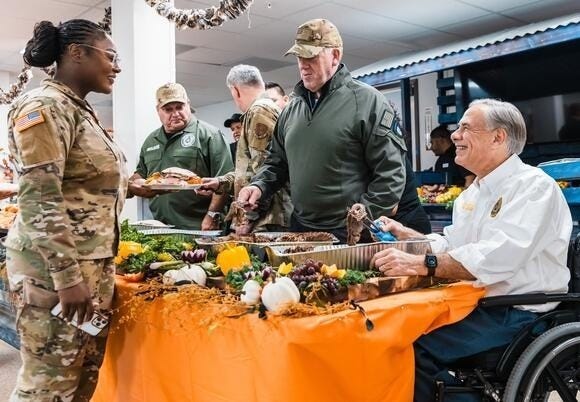 Trump Border Czar Tom Homan & Texas Governor Greg Abbott serve Thanksgiving meal to "Operation Lone Star" troops on the border.