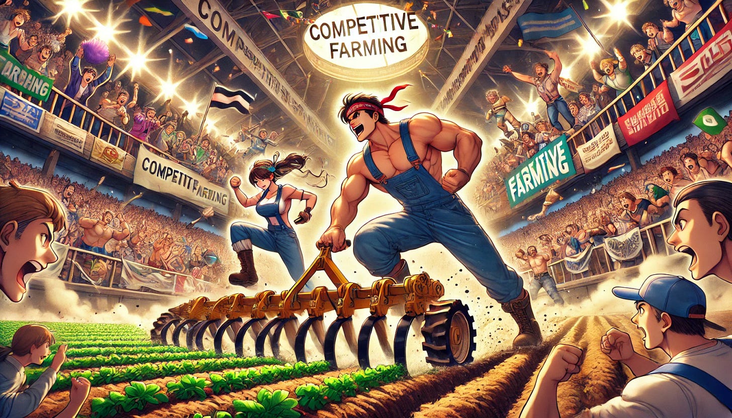 Anime-style cover art for an article titled 'Competitive Farming'. The image depicts a lively stadium packed with cheering fans, waving banners and foam fingers, as two farmers compete in an intense, exaggerated farming showdown. One farmer, a muscular man in overalls, is dramatically plowing a field at lightning speed, while his rival, a determined woman with a headband, is harvesting crops with superhuman efficiency. A large scoreboard in the background tracks their progress like a sporting event. The atmosphere is energetic, with commentators shouting into microphones, confetti flying, and a dramatic sense of competition. The title 'Competitive Farming' appears prominently in a bold, dynamic font.