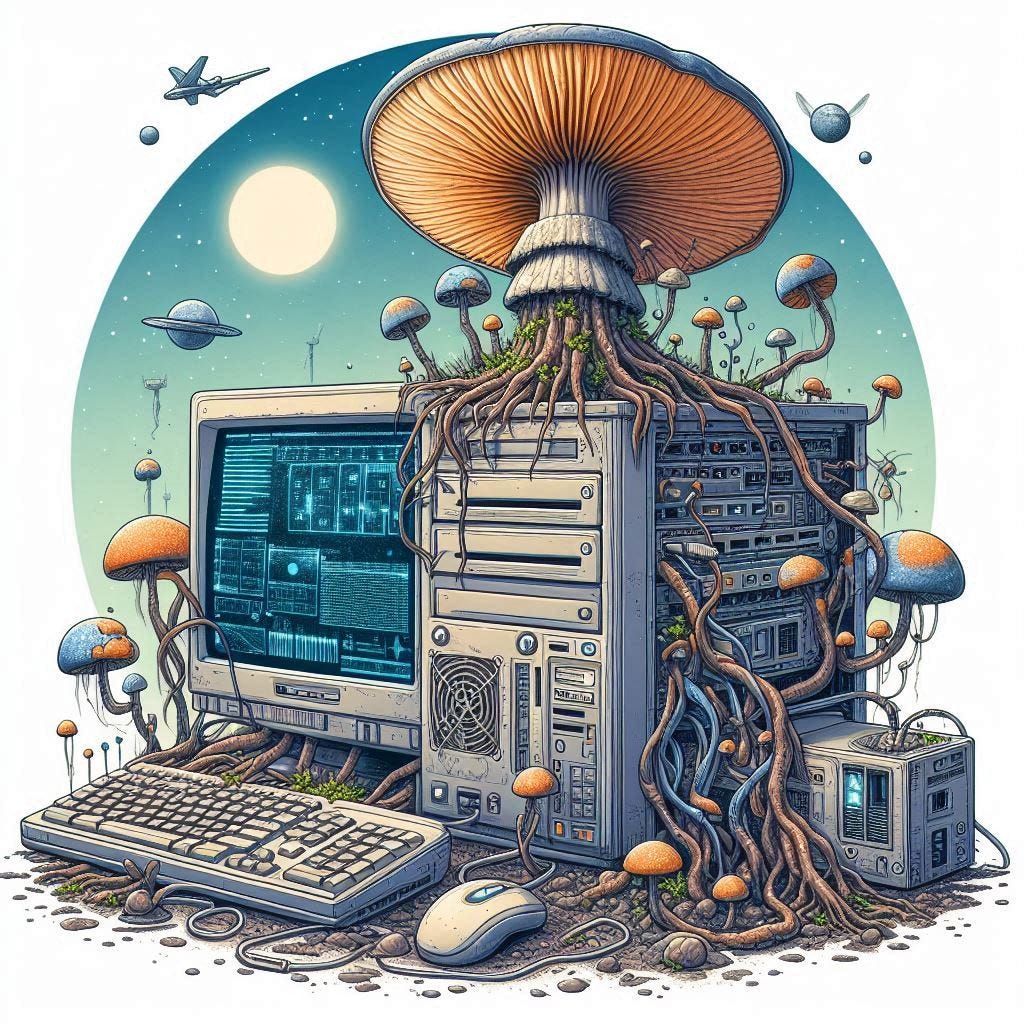 a computer with mushroom roots growing out of the back, solarpunk digital drawing