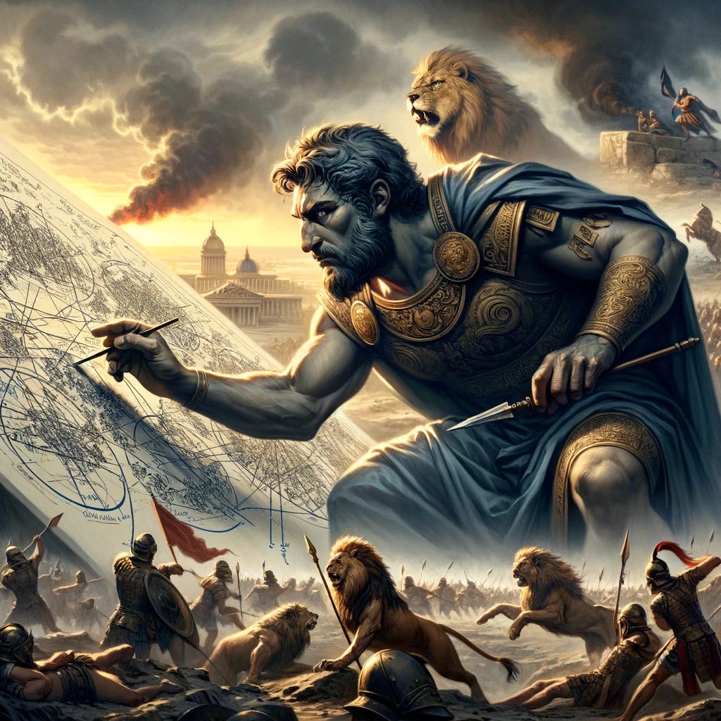 An illustration of an alpha male, embodying strength, intelligence, and leadership, executing a masterful strategy to achieve victory in a battle against a vastly superior and seemingly invincible army. The scene is set on a dramatic battlefield, where the cunning leader is seen orchestrating a brilliant maneuver that turns the tide of the war in his favor. His expression is one of fierce determination and confidence, as he leads his outnumbered but resilient forces to an unexpected triumph. The backdrop is a chaotic blend of clashing armies, with a clear contrast between the despair of the enemy and the rising hope among his troops.