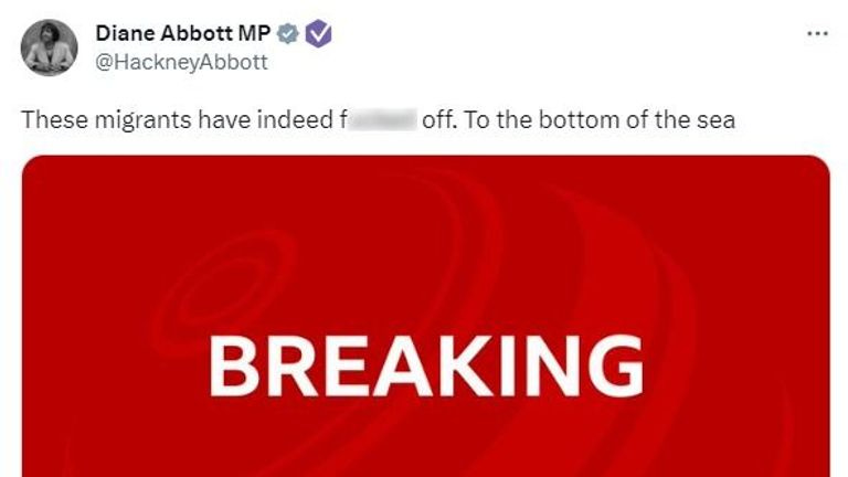 Diane Abbott accused of 'exploiting tragedy' in now-deleted tweet over  migrant deaths | Politics News | Sky News
