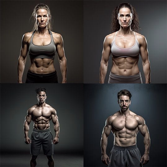 4 immagini di due donne e due uomini, con un fisico molto definito e muscoloso