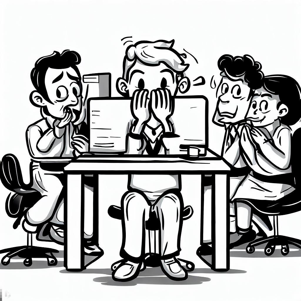 A black and white cartoon of a person sitting at a desk with their hands covering their mouth