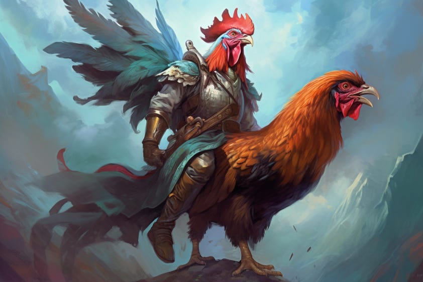 An AI-generated image of a Rooster sitting on a Rooster going into battle