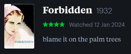 screenshot of LetterBoxd review of Forbidden, watched January 12, 2024: blame it on the palm trees