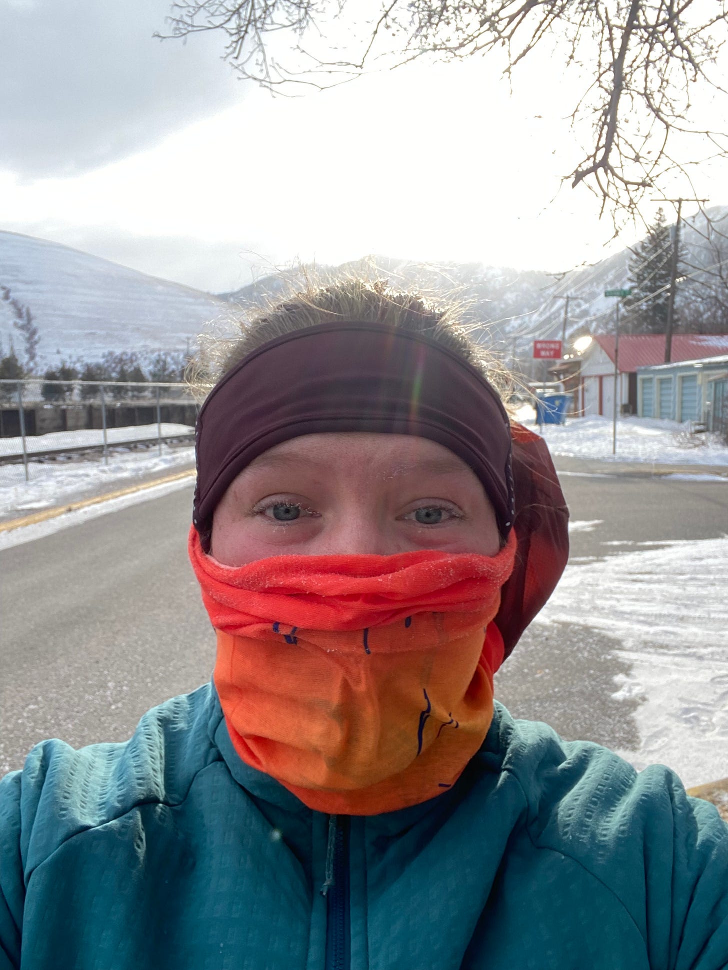Meg Smith looks at the camera on a run during the Montana winter.