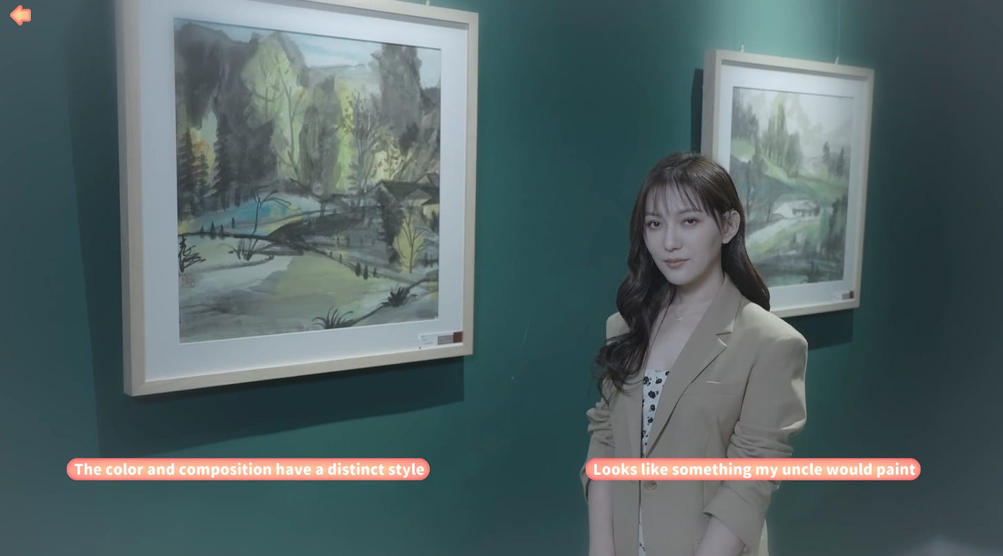 A woman standing in front of a watercolour landscape painting. Choice 1: The color and compositions have a distinct style. 2: Looks like something my uncle would paint