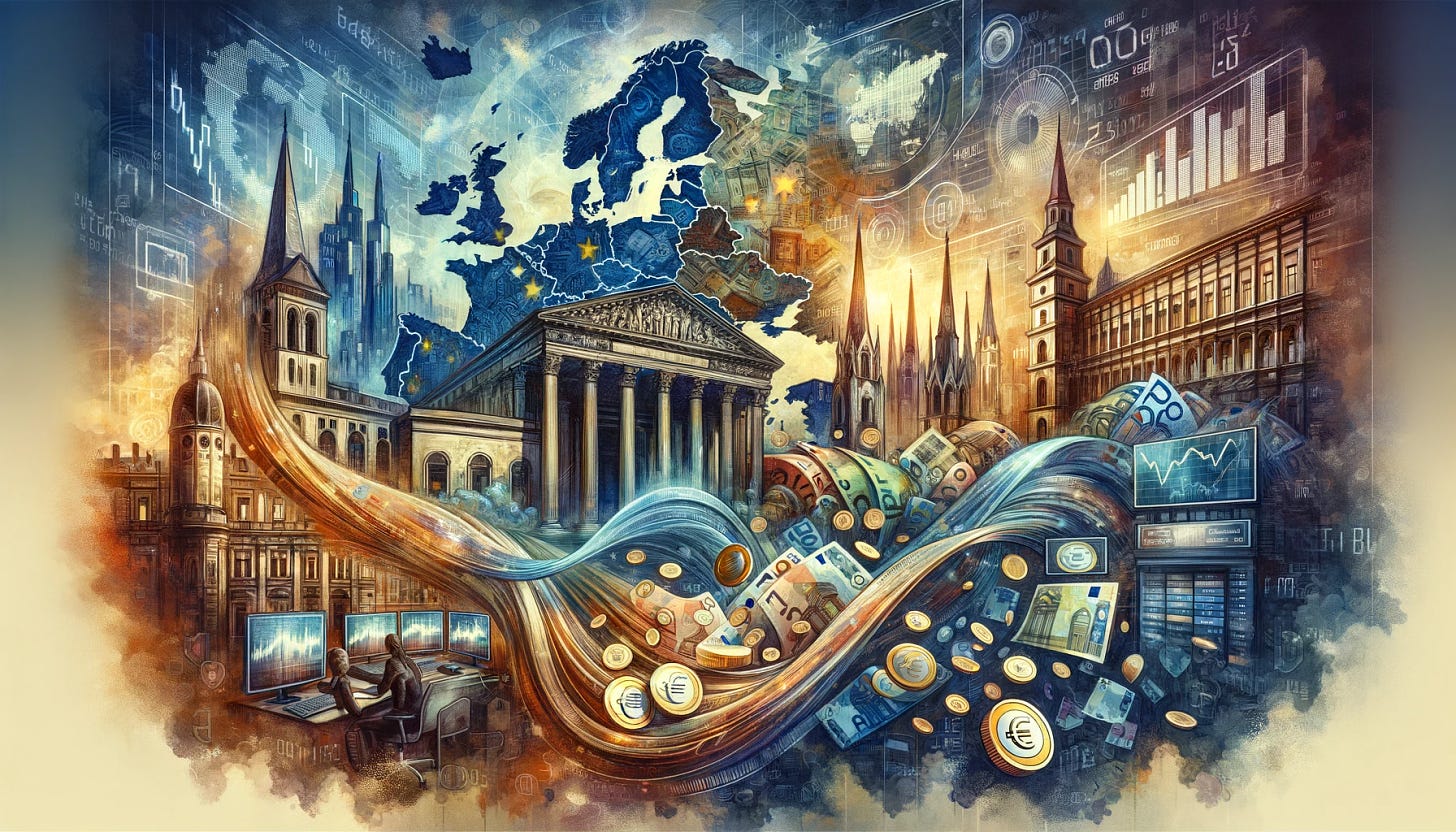 An expansive, horizontal canvas that artistically merges the essence of Europe, its banking sector, and the Euro currency. The scene unfolds across a beautifully detailed map of Europe as the backdrop, with iconic landmarks and the silhouettes of various European capitals subtly integrated. Overlaying this, symbols of the banking industry such as stylized bank buildings, digital screens showing stock market trends, and secure vaults are interwoven. Foreground elements include a dynamic, flowing representation of the Euro currency - notes and coins in motion, symbolizing economic activity and prosperity. The overall composition is rich in detail, color, and symbolism, capturing the interconnected nature of Europe, its banks, and the Euro in a harmonious and dynamic manner.