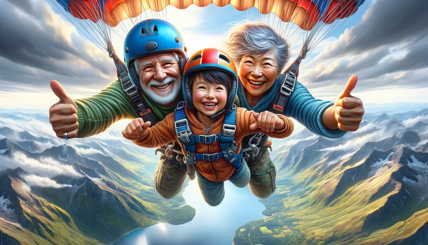 Une image hyper-réaliste d'un grand-père caucasien et d'une grand-mère hispanique avec leur petit-fils asiatique faisant du saut en parachute. Ils sont en plein ciel, avec des expressions de joie et d'excitation. Le paysage en dessous montre des montagnes majestueuses et des lacs scintillants. Le grand-père porte un casque bleu et un harnais rouge, la grand-mère un casque vert et un harnais jaune, et le petit-fils un casque orange et un harnais noir. Les détails du parachute, du vent dans leurs cheveux et des vêtements sont très réalistes et finement détaillés.