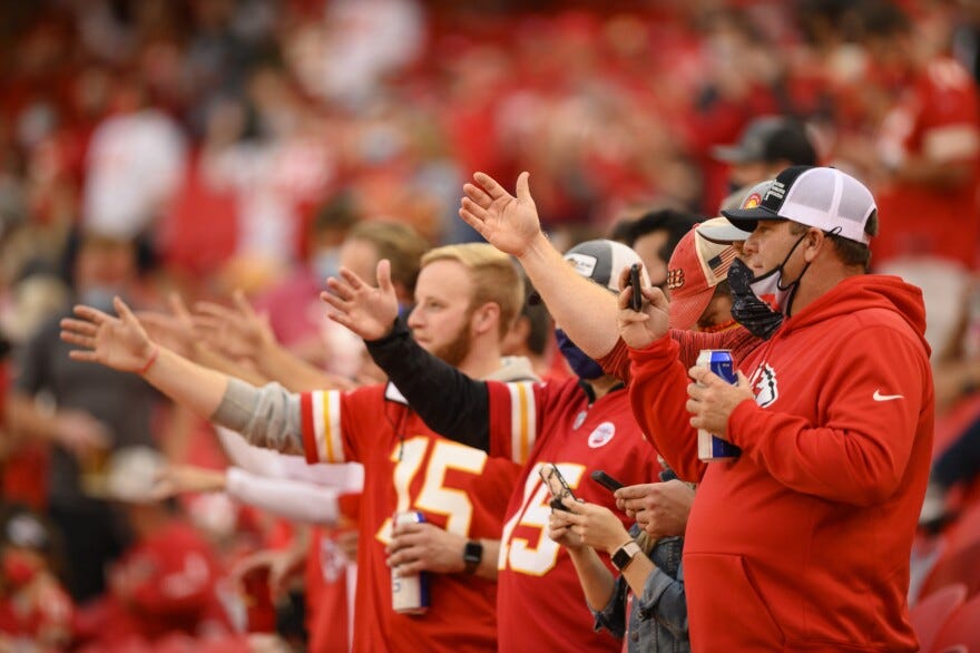 Kansas City Chiefs fans still do the "tomahawk chop," shown here at the start of an October home game against the New England Patriots.