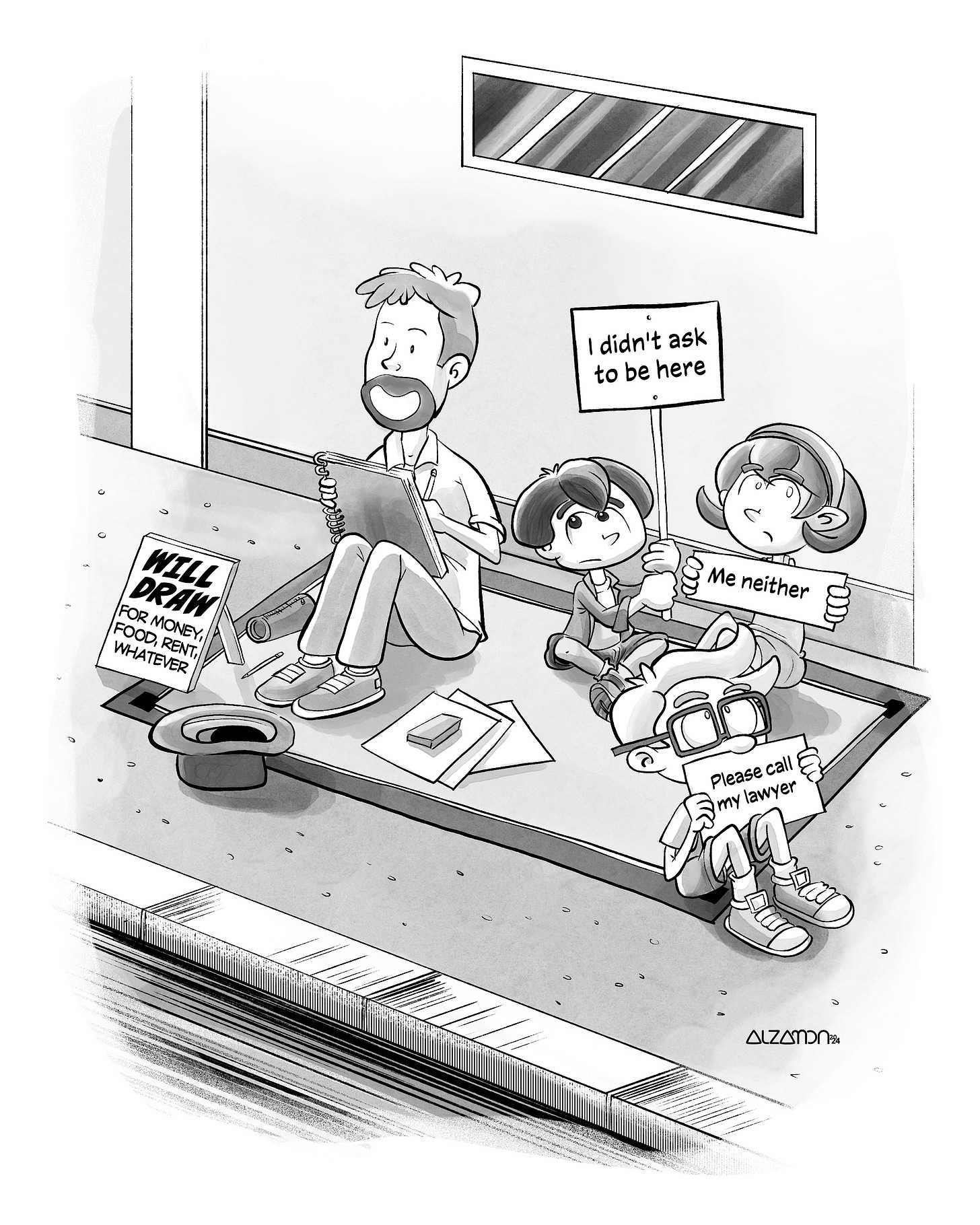 Self caricature of yours truly as a street cartoonist with a sign of "Will Draw for money, food, rent, whatever" while my kid characters join in silent protest.