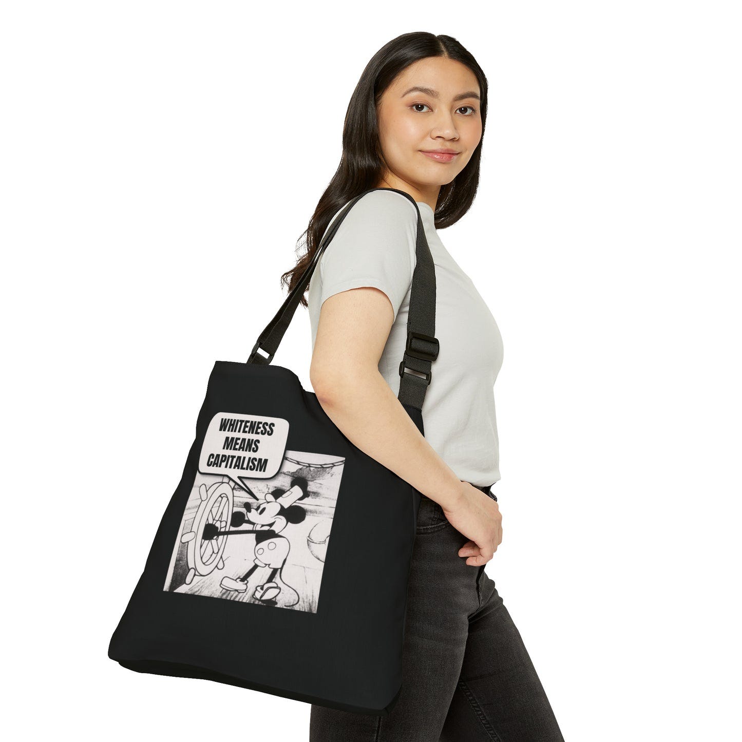 LIMITED EDITION: Mickey Reminds Us Whiteness Means Capitalism Adjustable Tote Bag (AOP)